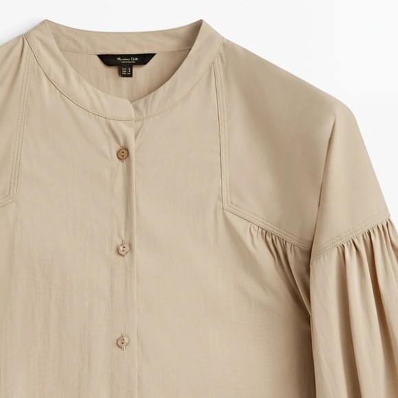 NWT. Massimo Dutti Beige Gathered Mandarin Collar Shirt. Size XS. - Picture 7 of 11